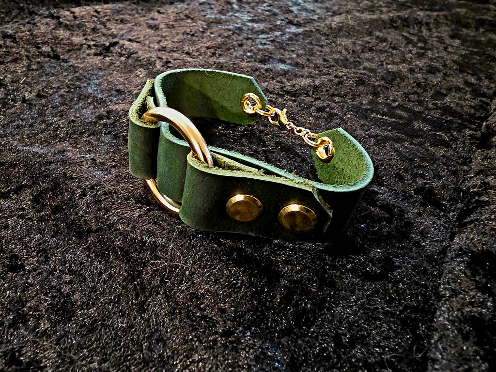 Green and Gold Leather Cuff Bracelet