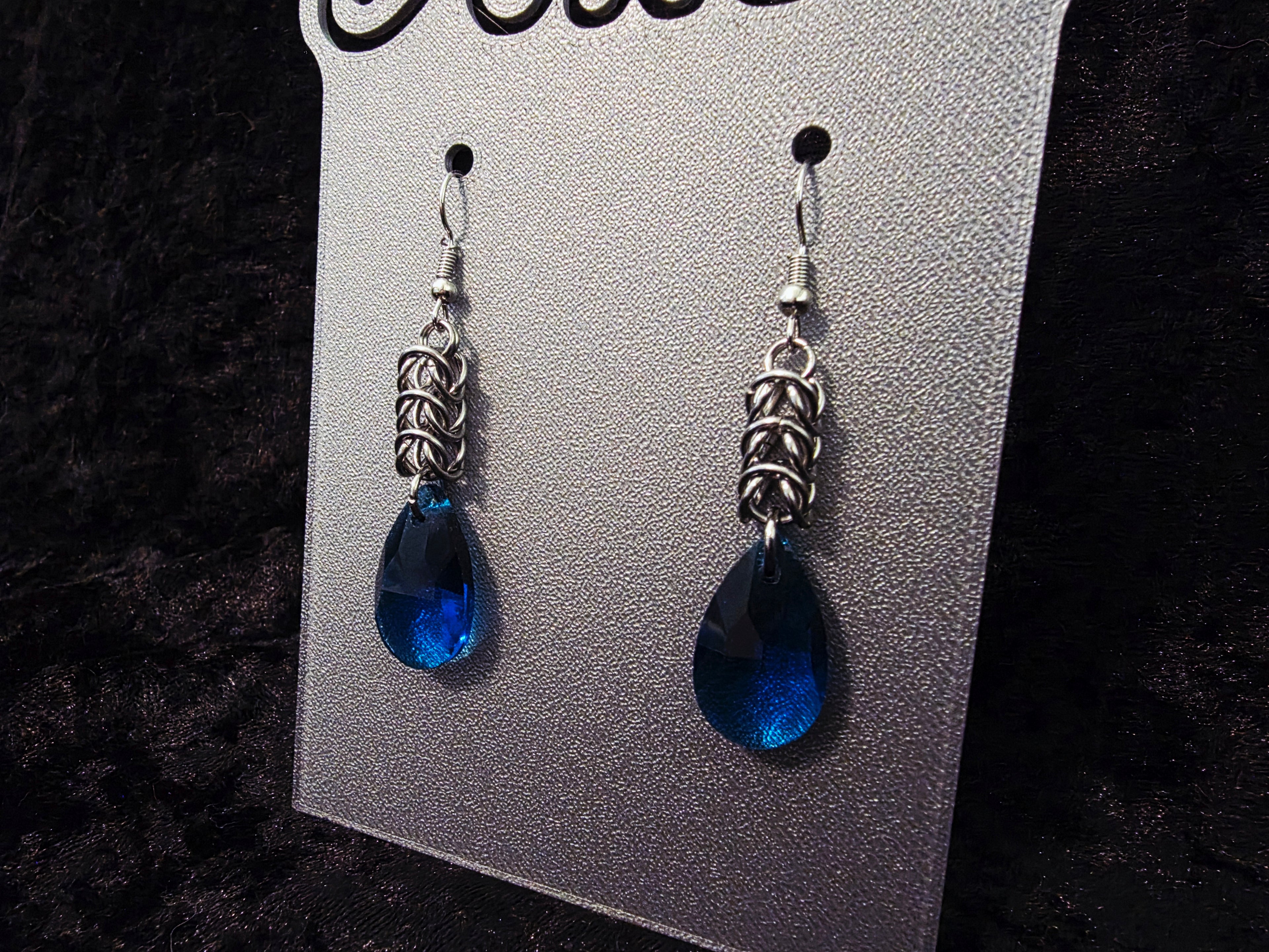 Chainmail Earrings with Royal Blue Glass Drop Beads
