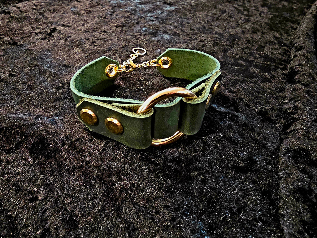 Green and Gold Leather Cuff Bracelet