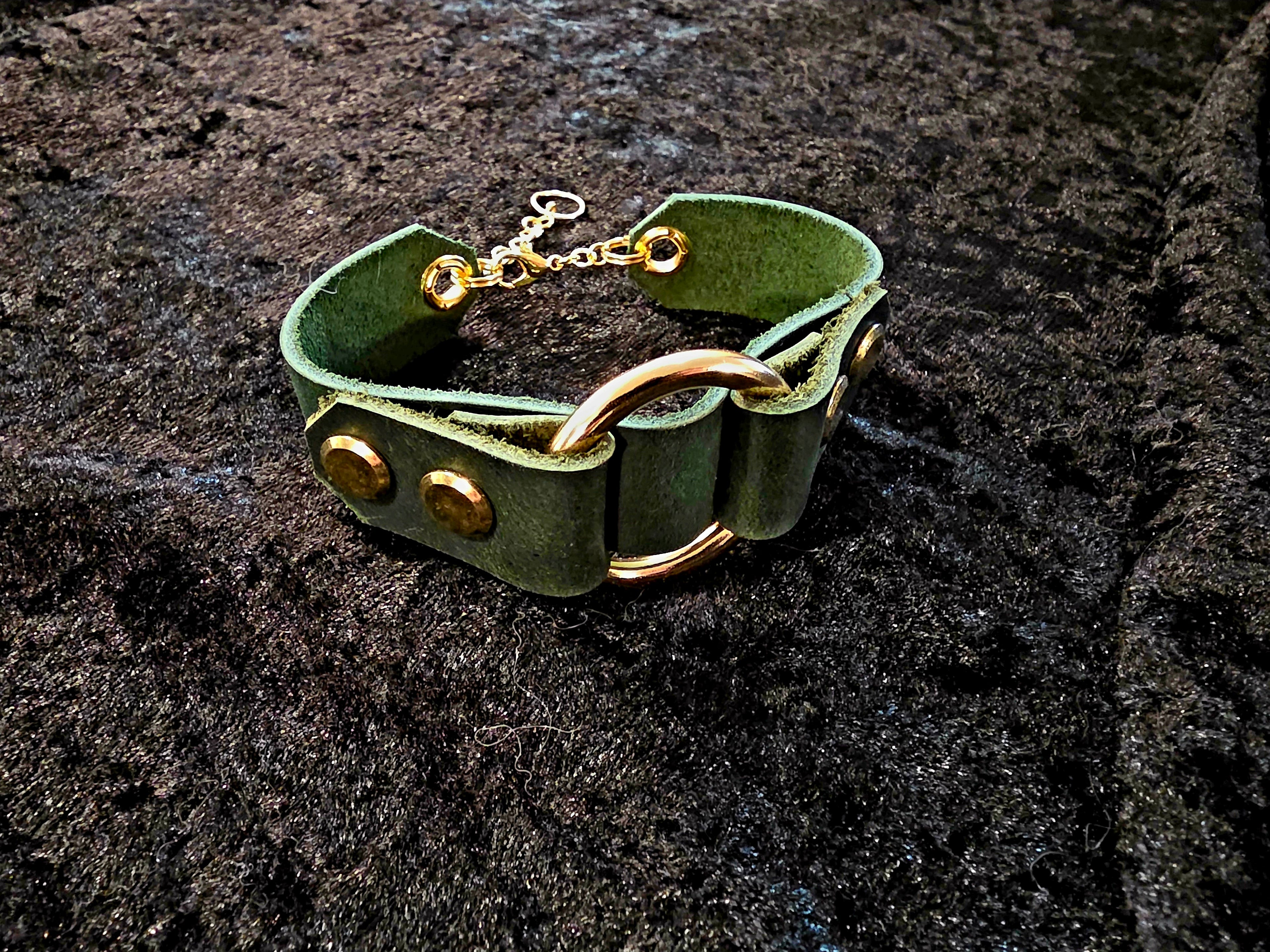 Green and Gold Leather Cuff Bracelet