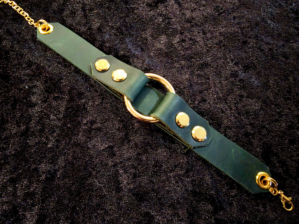Green and Gold Leather Cuff Bracelet