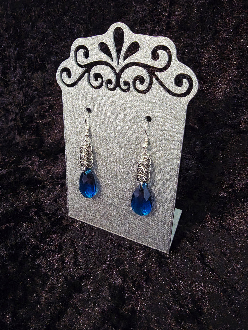 Chainmail Earrings with Royal Blue Glass Drop Beads