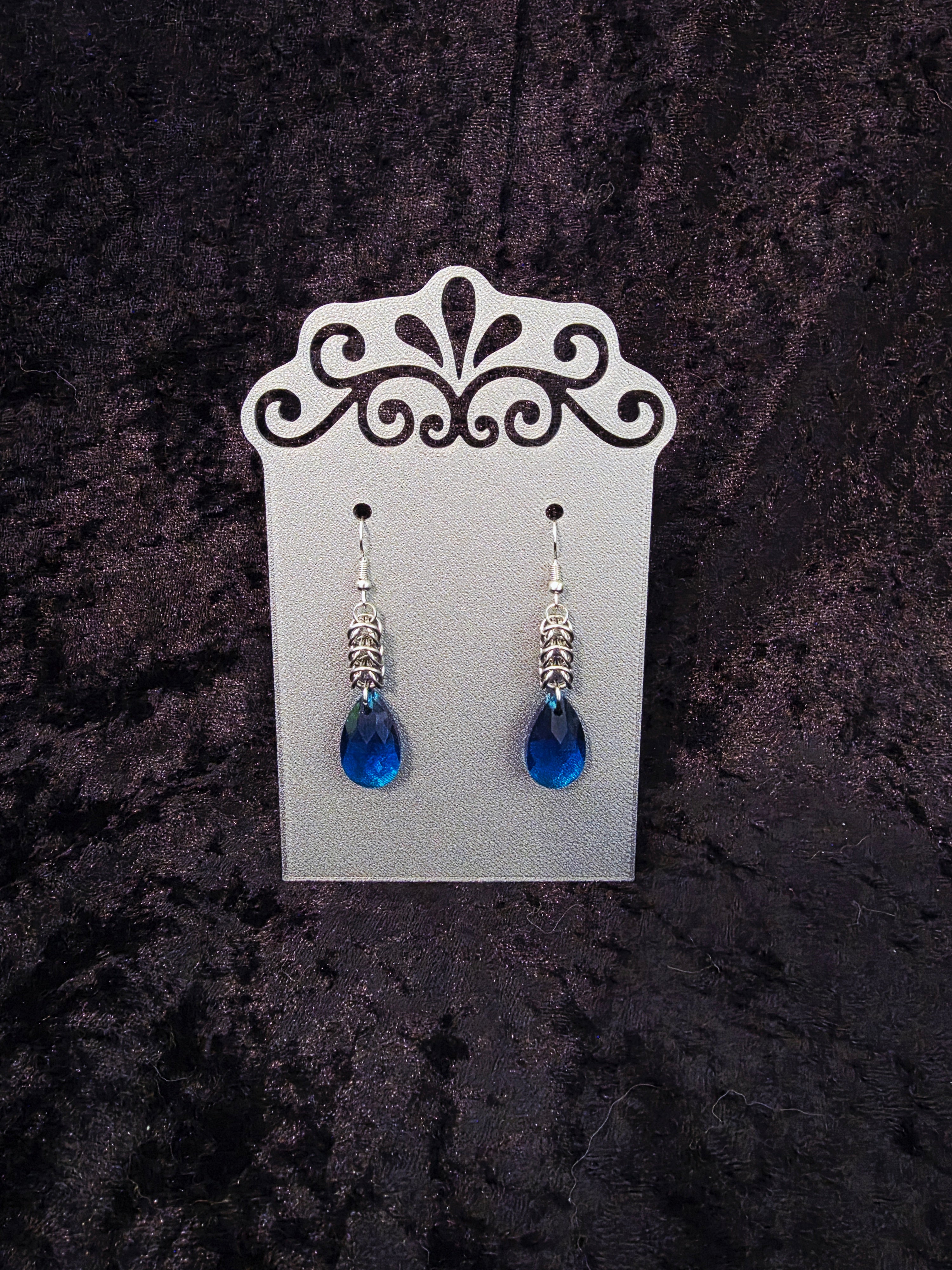 Chainmail Earrings with Royal Blue Glass Drop Beads