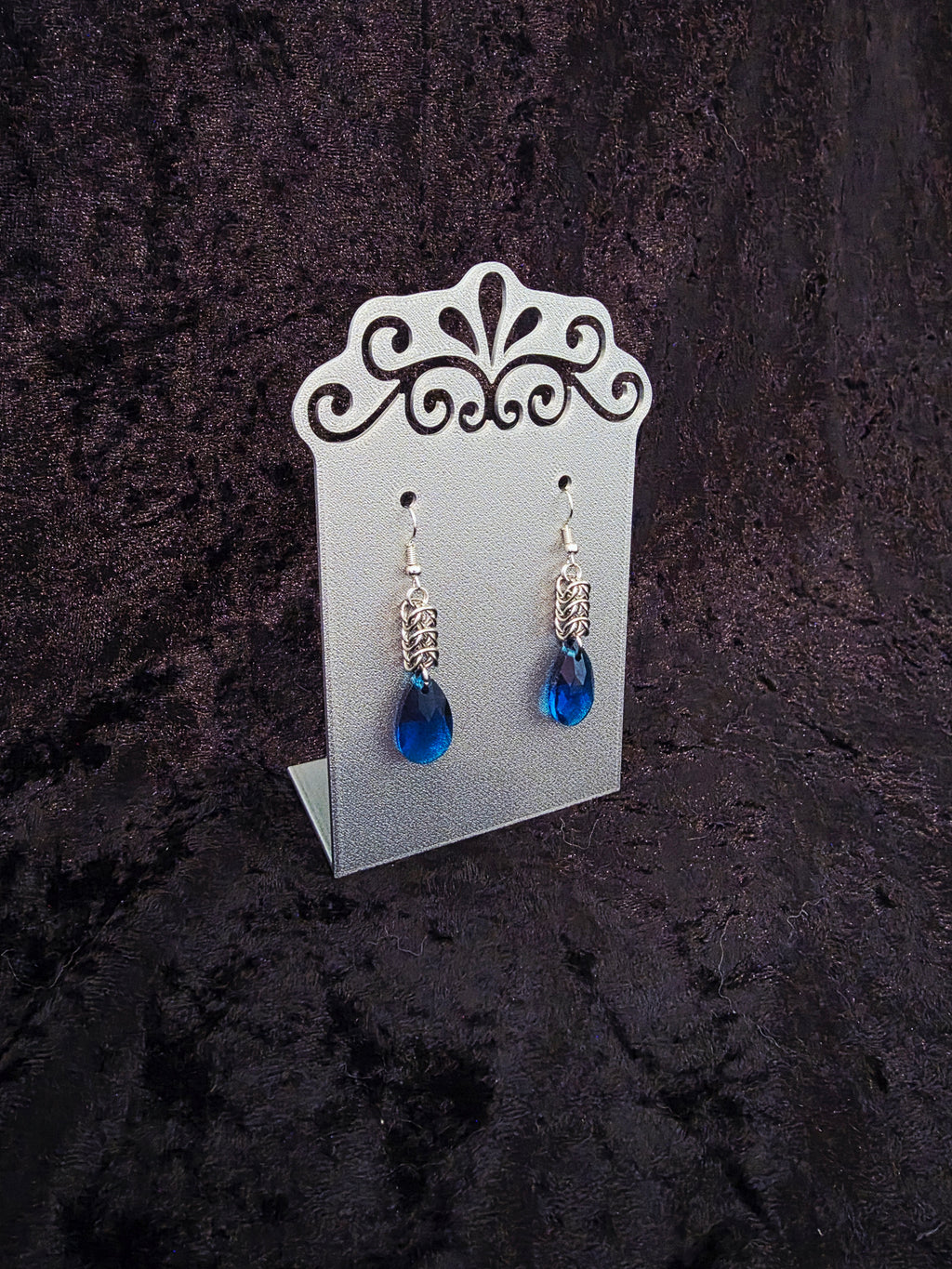 Chainmail Earrings with Royal Blue Glass Drop Beads