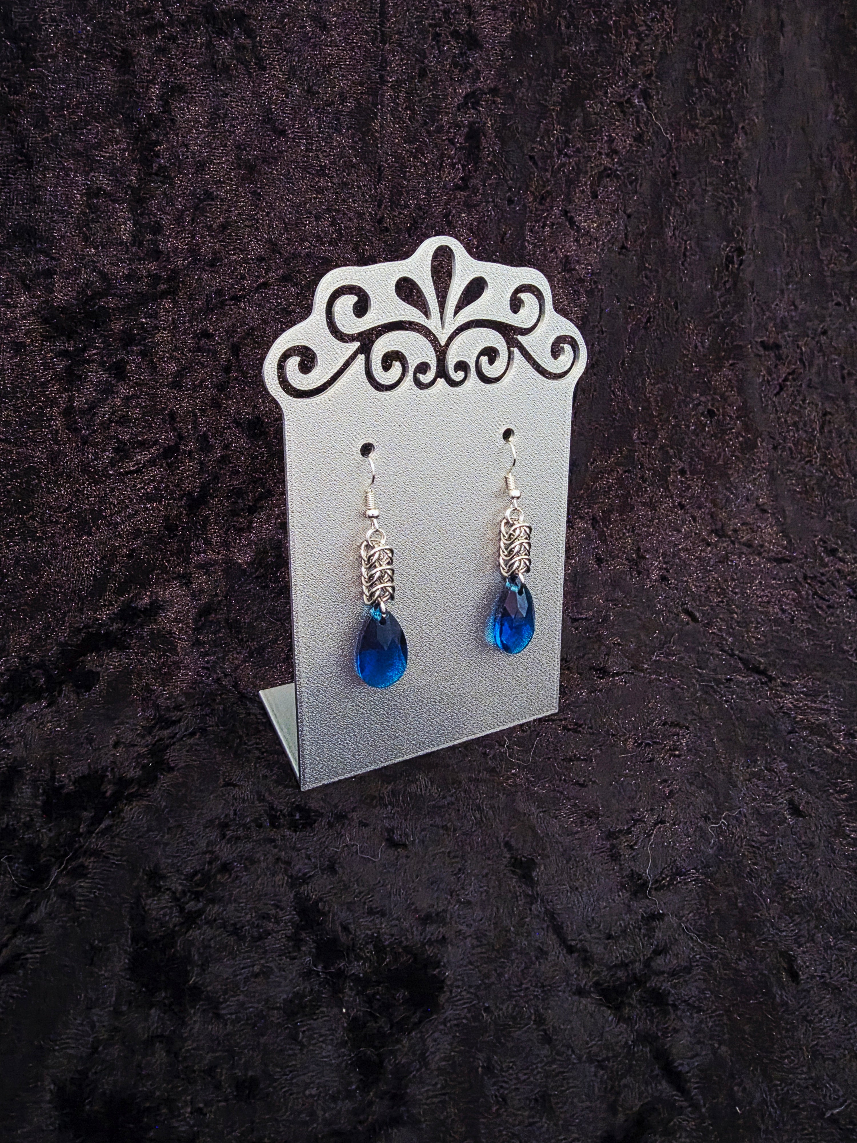 Chainmail Earrings with Royal Blue Glass Drop Beads